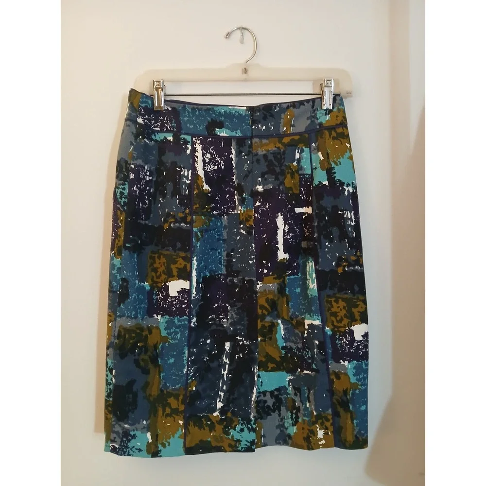Tabitha Anthropologie sz 2 Abstract Painterly Print Pencil Skirt Blue Green